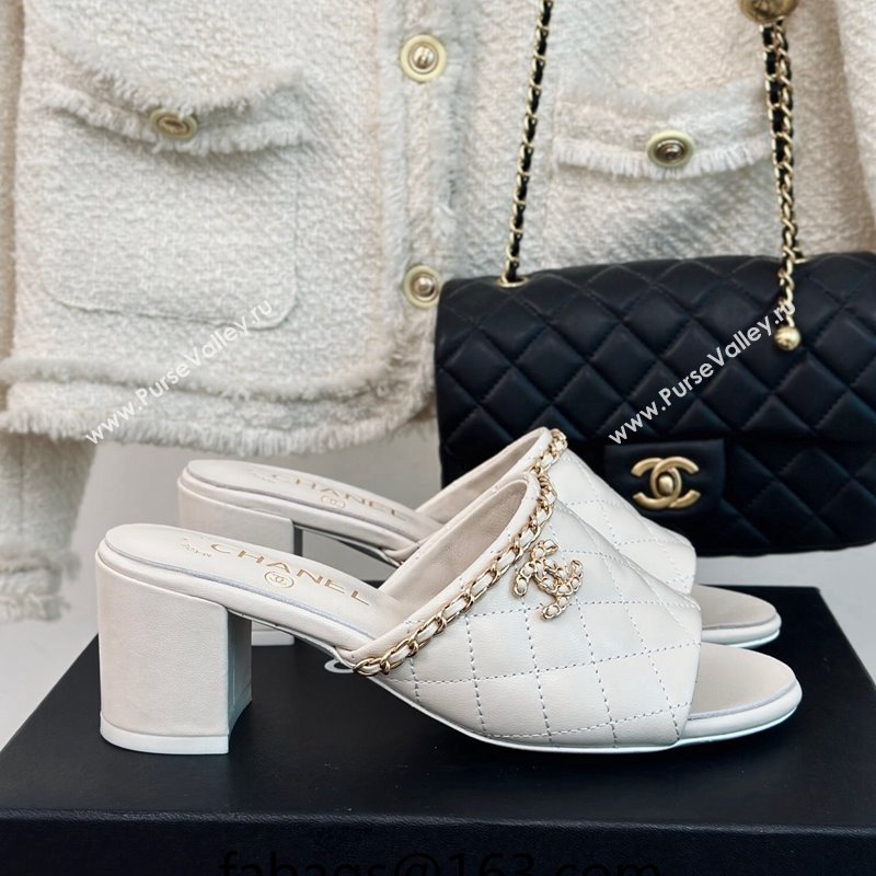 Chanel Quilted Lambskin Heel Slide Sandals 5cm with Chain White 2024 0423 (MD-240423086)