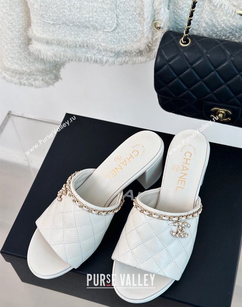 Chanel Quilted Lambskin Heel Slide Sandals 5cm with Chain White 2024 0423 (MD-240423086)