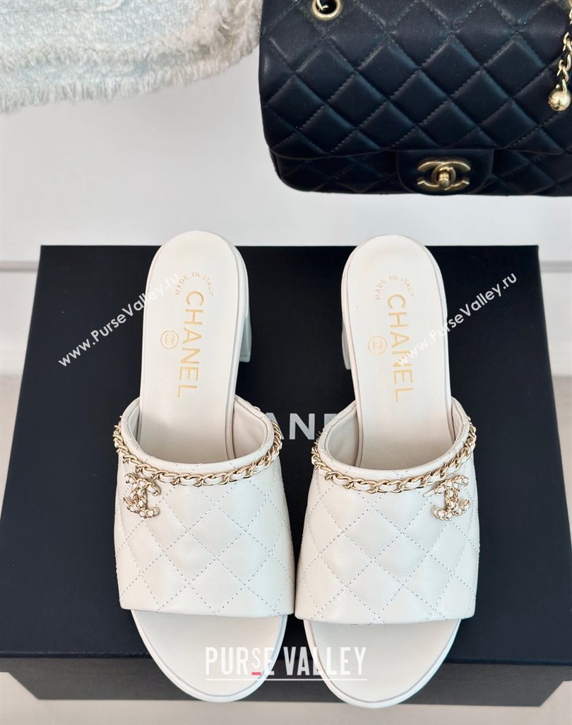 Chanel Quilted Lambskin Heel Slide Sandals 5cm with Chain White 2024 0423 (MD-240423086)