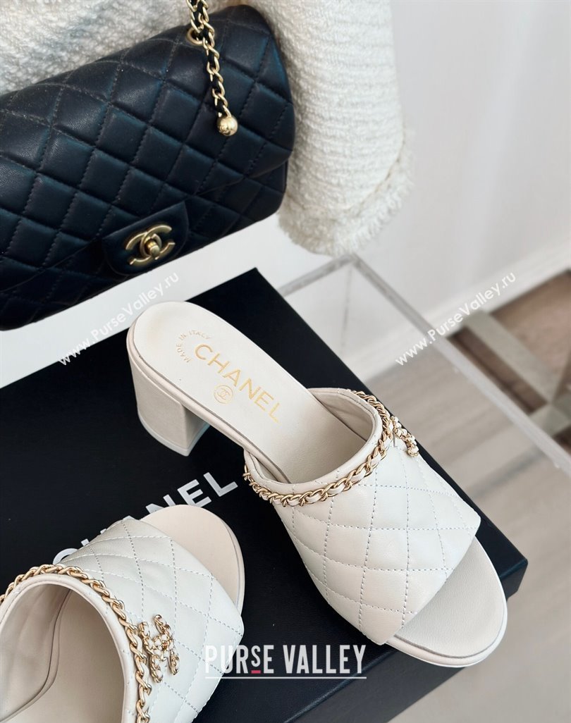 Chanel Quilted Lambskin Heel Slide Sandals 5cm with Chain White 2024 0423 (MD-240423086)