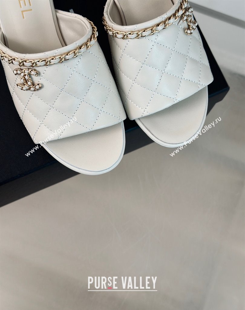 Chanel Quilted Lambskin Heel Slide Sandals 5cm with Chain White 2024 0423 (MD-240423086)