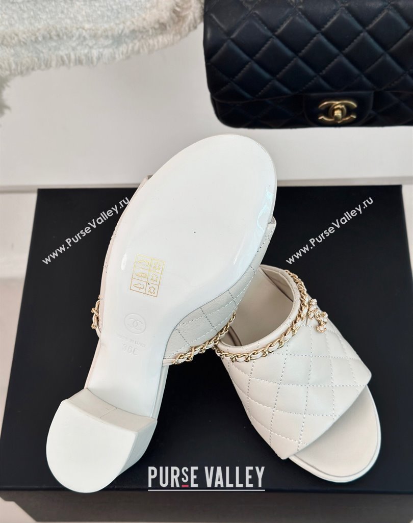 Chanel Quilted Lambskin Heel Slide Sandals 5cm with Chain White 2024 0423 (MD-240423086)