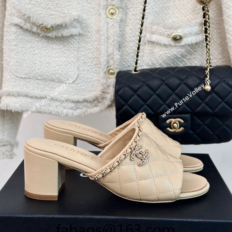 Chanel Quilted Lambskin Heel Slide Sandals 5cm with Chain Beige 2024 0423 (MD-240423087)