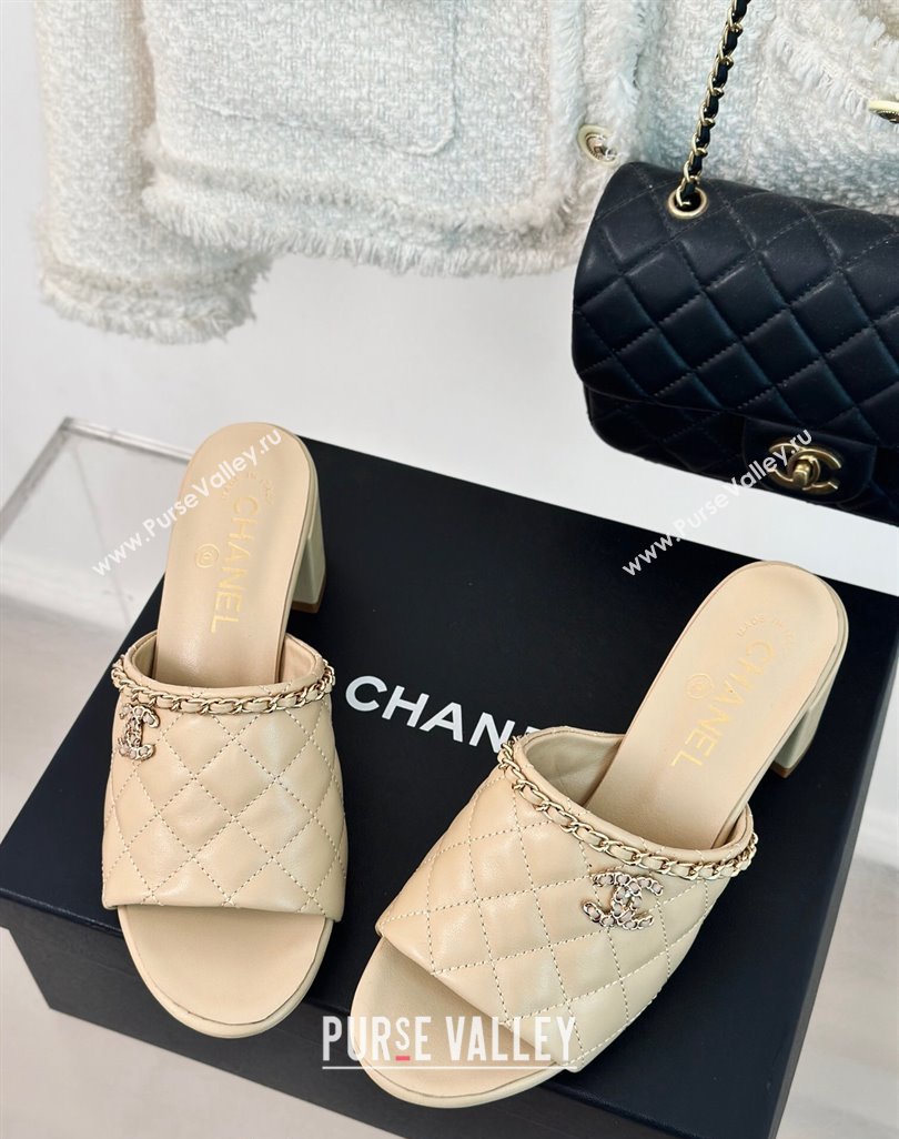 Chanel Quilted Lambskin Heel Slide Sandals 5cm with Chain Beige 2024 0423 (MD-240423087)