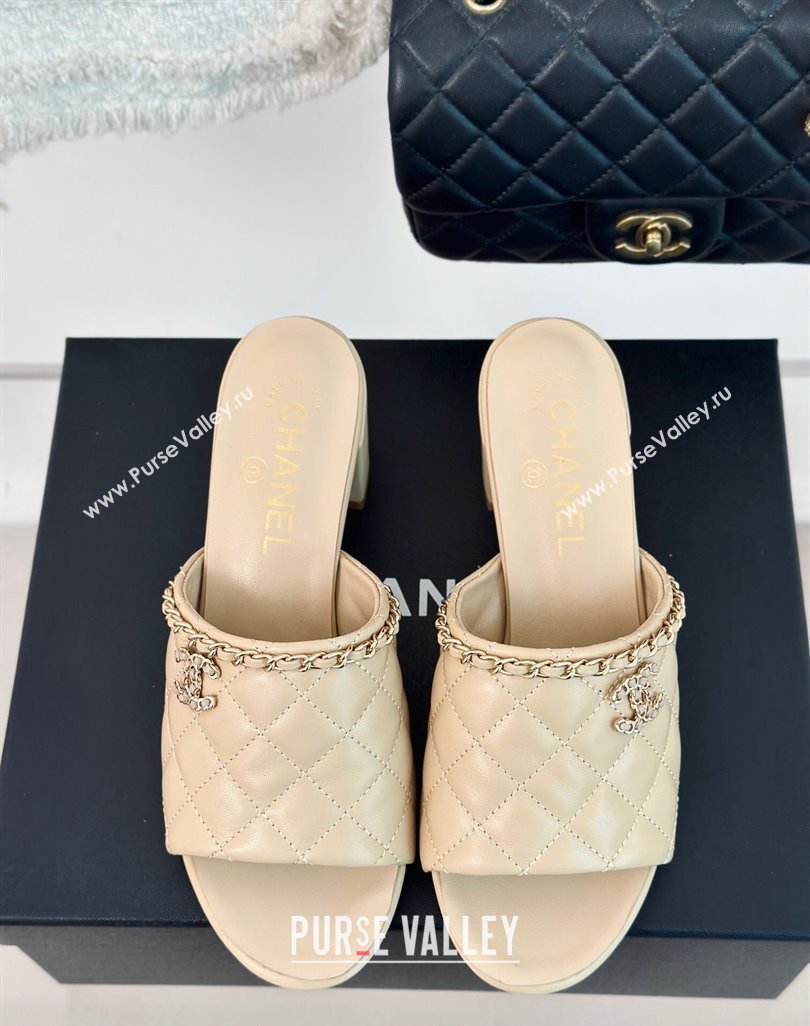 Chanel Quilted Lambskin Heel Slide Sandals 5cm with Chain Beige 2024 0423 (MD-240423087)