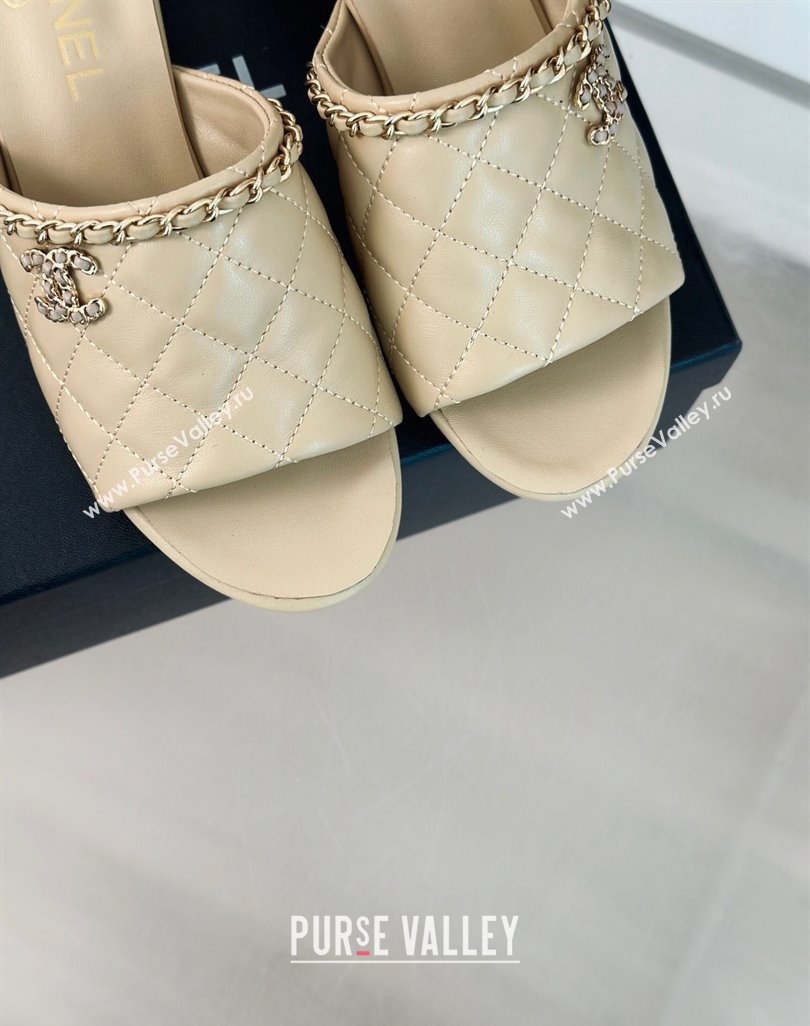 Chanel Quilted Lambskin Heel Slide Sandals 5cm with Chain Beige 2024 0423 (MD-240423087)