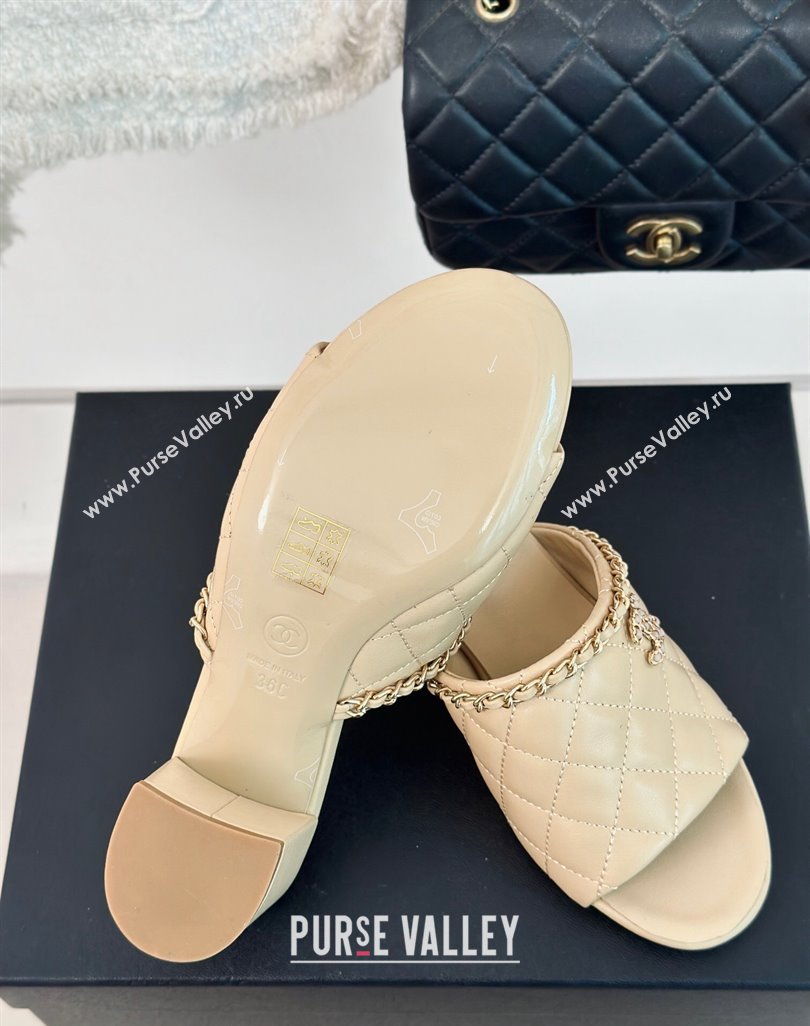 Chanel Quilted Lambskin Heel Slide Sandals 5cm with Chain Beige 2024 0423 (MD-240423087)