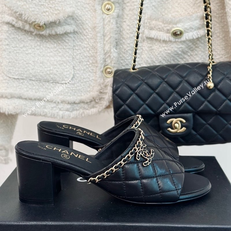 Chanel Quilted Lambskin Heel Slide Sandals 5cm with Chain Black 2024 0423 (MD-240423088)