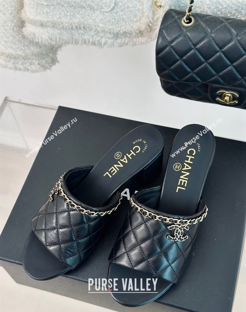 Chanel Quilted Lambskin Heel Slide Sandals 5cm with Chain Black 2024 0423 (MD-240423088)