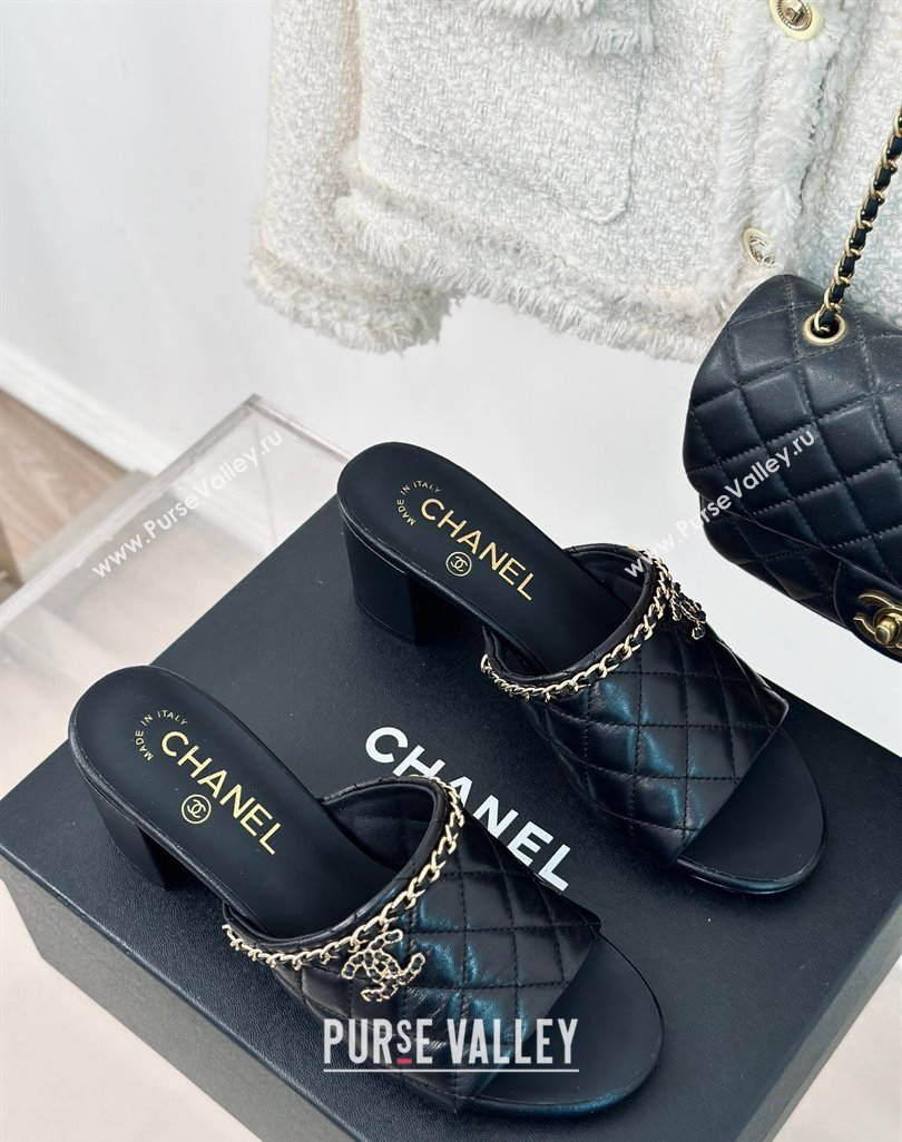 Chanel Quilted Lambskin Heel Slide Sandals 5cm with Chain Black 2024 0423 (MD-240423088)