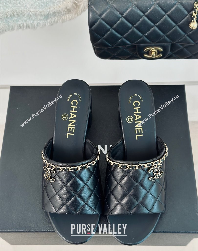 Chanel Quilted Lambskin Heel Slide Sandals 5cm with Chain Black 2024 0423 (MD-240423088)