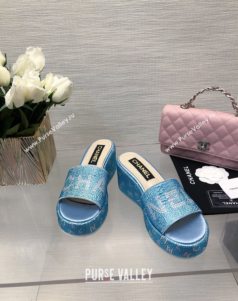 Chanel Crystals Allover Wedge Slide Sandals with Letters Blue 2024 042302 (MD-240423020)