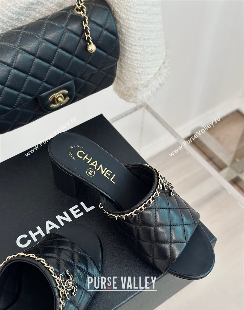 Chanel Quilted Lambskin Heel Slide Sandals 5cm with Chain Black 2024 0423 (MD-240423088)