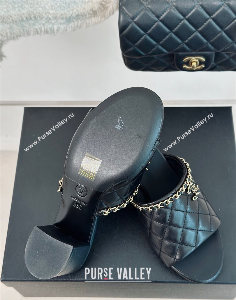Chanel Quilted Lambskin Heel Slide Sandals 5cm with Chain Black 2024 0423 (MD-240423088)