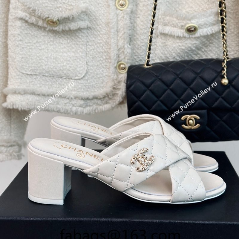 Chanel Quilted Lambskin Heel Slide Sandals 5cm with Cross Strap White 2024 0424 (MD-240424111)