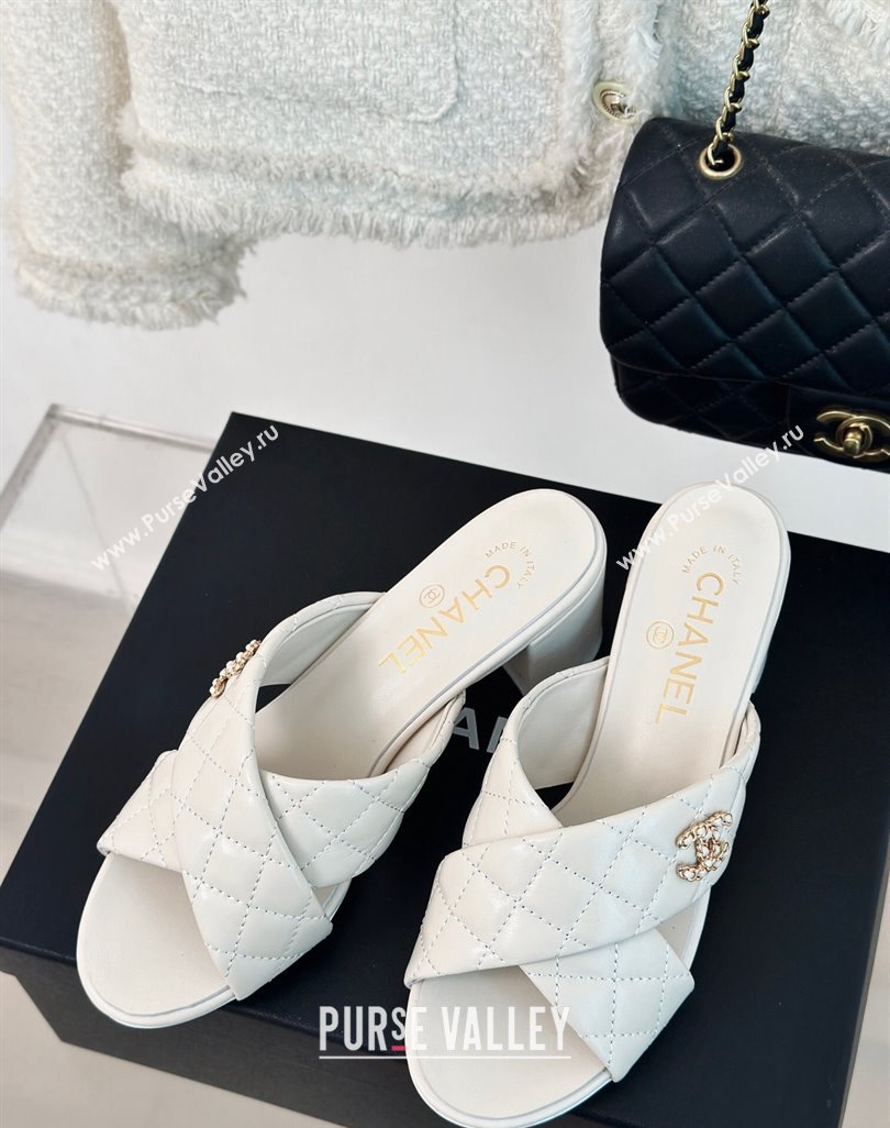 Chanel Quilted Lambskin Heel Slide Sandals 5cm with Cross Strap White 2024 0424 (MD-240424111)