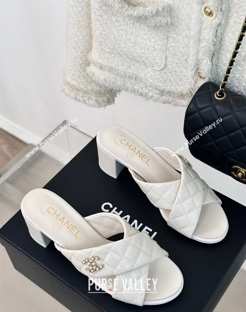 Chanel Quilted Lambskin Heel Slide Sandals 5cm with Cross Strap White 2024 0424 (MD-240424111)