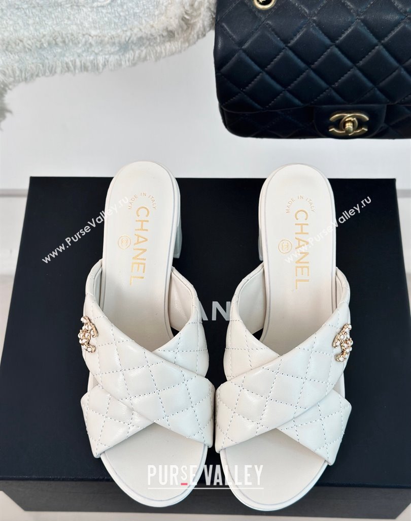 Chanel Quilted Lambskin Heel Slide Sandals 5cm with Cross Strap White 2024 0424 (MD-240424111)