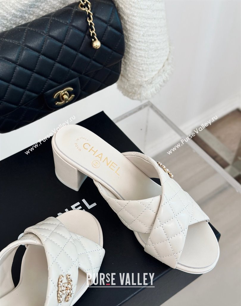 Chanel Quilted Lambskin Heel Slide Sandals 5cm with Cross Strap White 2024 0424 (MD-240424111)
