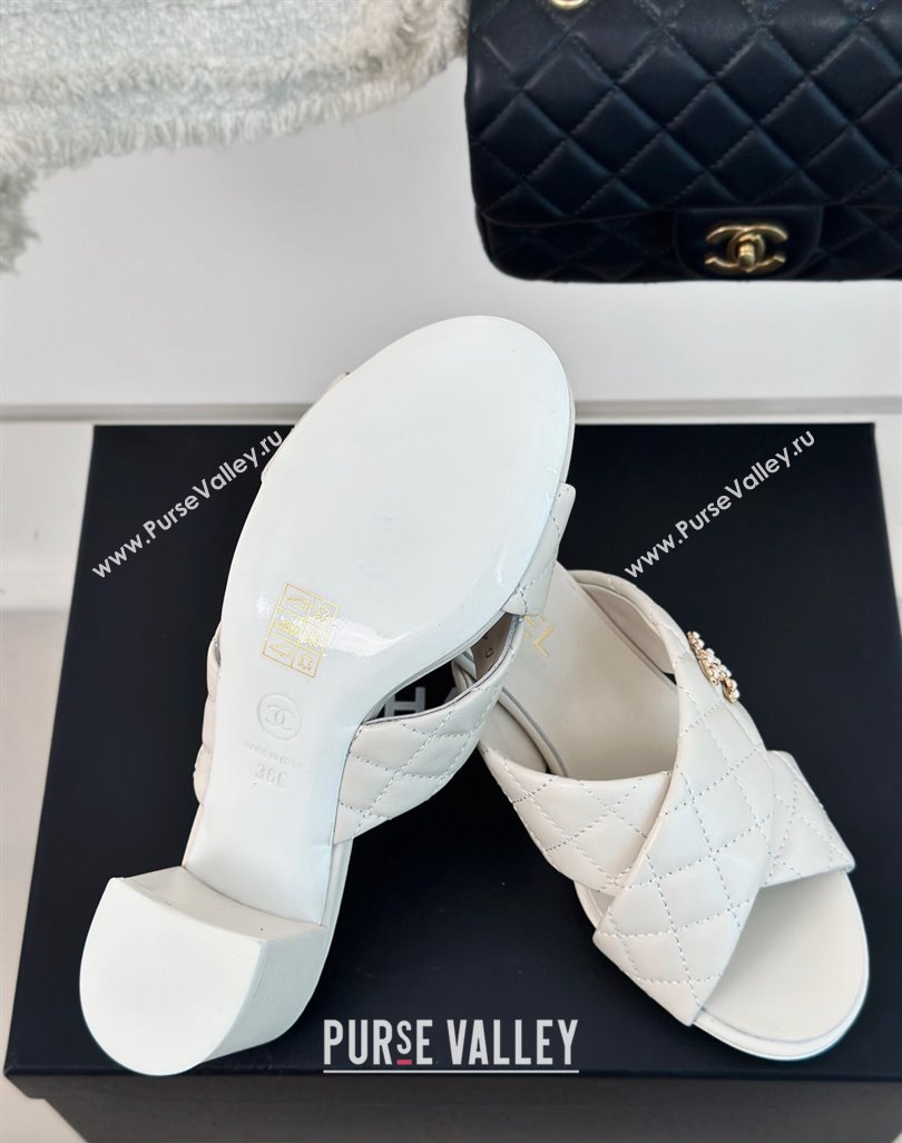 Chanel Quilted Lambskin Heel Slide Sandals 5cm with Cross Strap White 2024 0424 (MD-240424111)