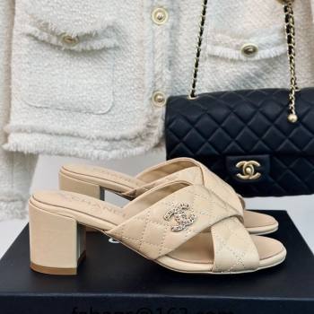 Chanel Quilted Lambskin Heel Slide Sandals 5cm with Cross Strap Beige 2024 0424 (MD-240424112)