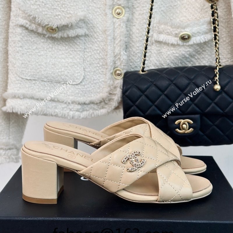 Chanel Quilted Lambskin Heel Slide Sandals 5cm with Cross Strap Beige 2024 0424 (MD-240424112)