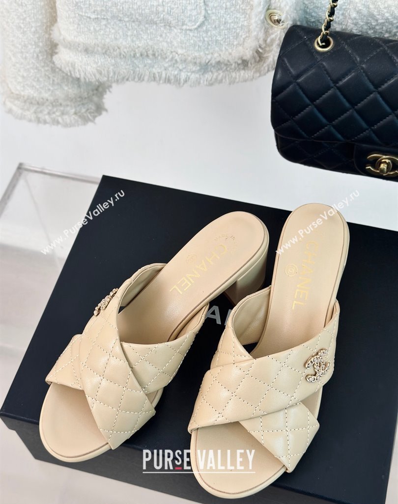 Chanel Quilted Lambskin Heel Slide Sandals 5cm with Cross Strap Beige 2024 0424 (MD-240424112)