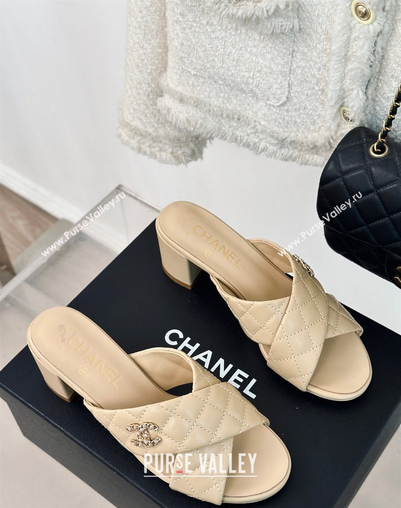 Chanel Quilted Lambskin Heel Slide Sandals 5cm with Cross Strap Beige 2024 0424 (MD-240424112)