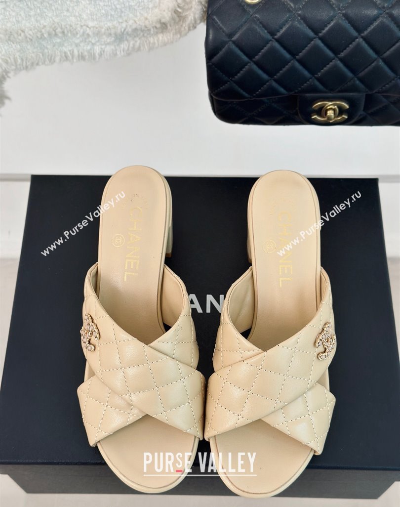 Chanel Quilted Lambskin Heel Slide Sandals 5cm with Cross Strap Beige 2024 0424 (MD-240424112)