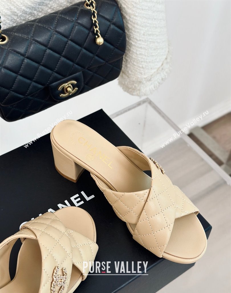 Chanel Quilted Lambskin Heel Slide Sandals 5cm with Cross Strap Beige 2024 0424 (MD-240424112)