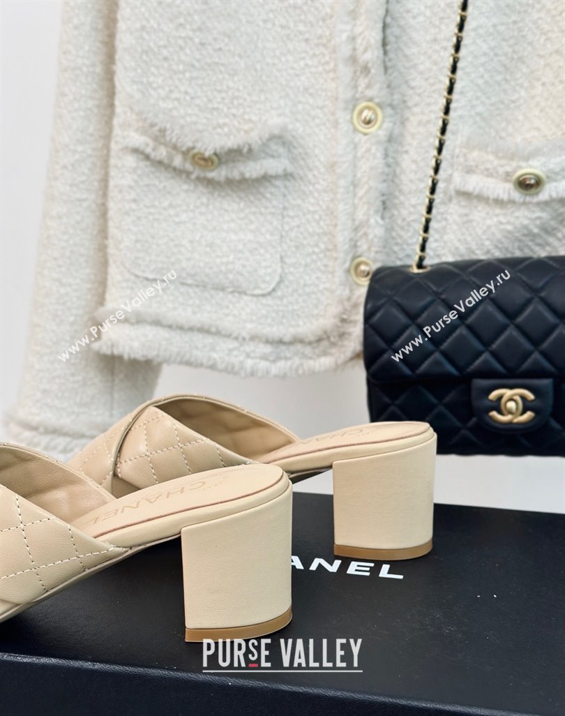 Chanel Quilted Lambskin Heel Slide Sandals 5cm with Cross Strap Beige 2024 0424 (MD-240424112)