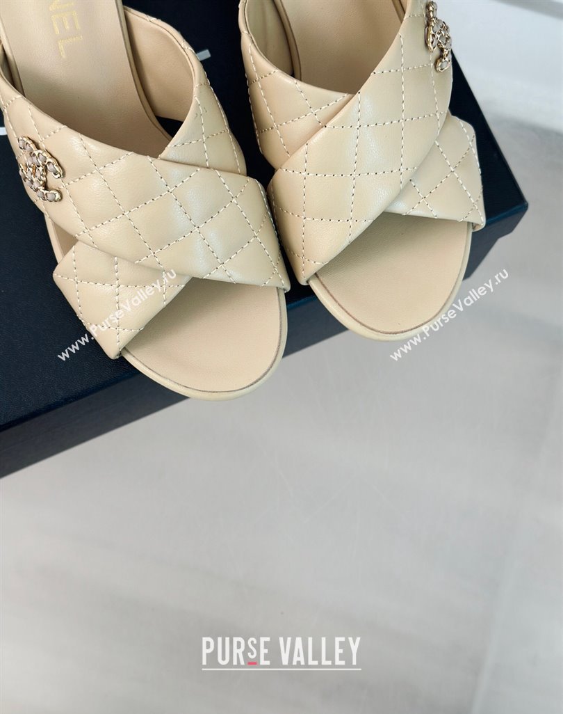 Chanel Quilted Lambskin Heel Slide Sandals 5cm with Cross Strap Beige 2024 0424 (MD-240424112)