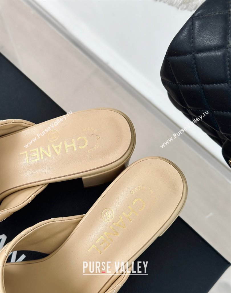 Chanel Quilted Lambskin Heel Slide Sandals 5cm with Cross Strap Beige 2024 0424 (MD-240424112)
