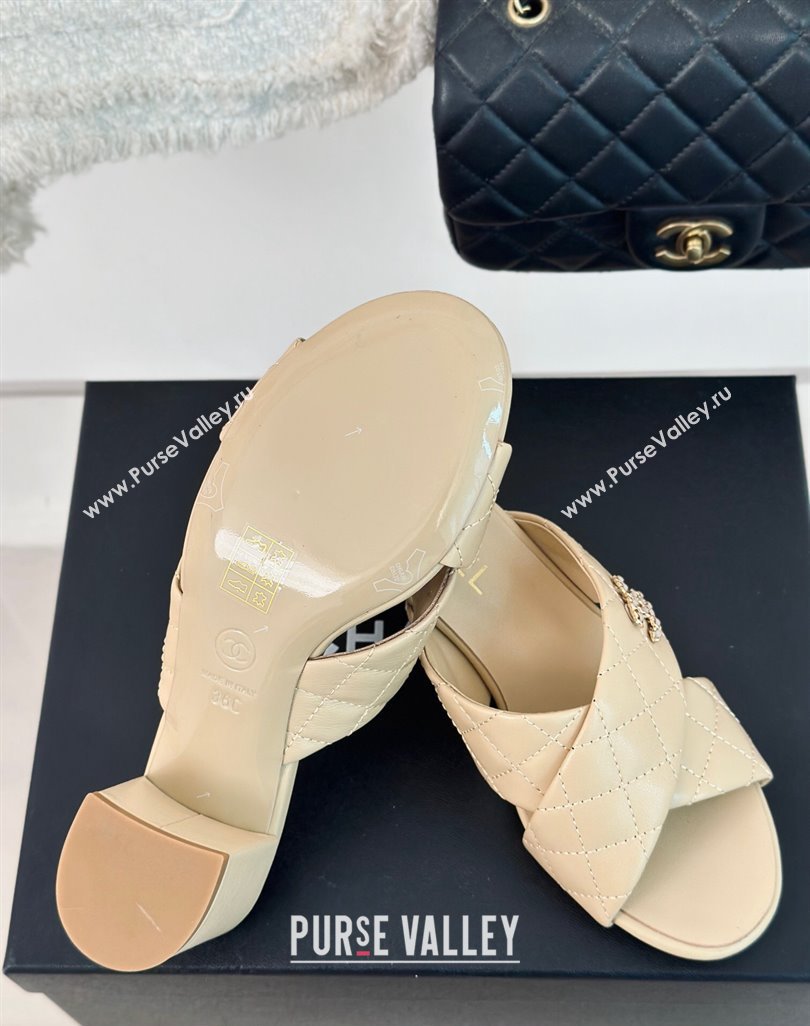Chanel Quilted Lambskin Heel Slide Sandals 5cm with Cross Strap Beige 2024 0424 (MD-240424112)
