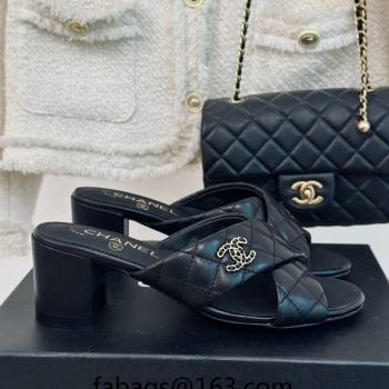 Chanel Quilted Lambskin Heel Slide Sandals 5cm with Cross Strap Black 2024 0424 (MD-240424113)