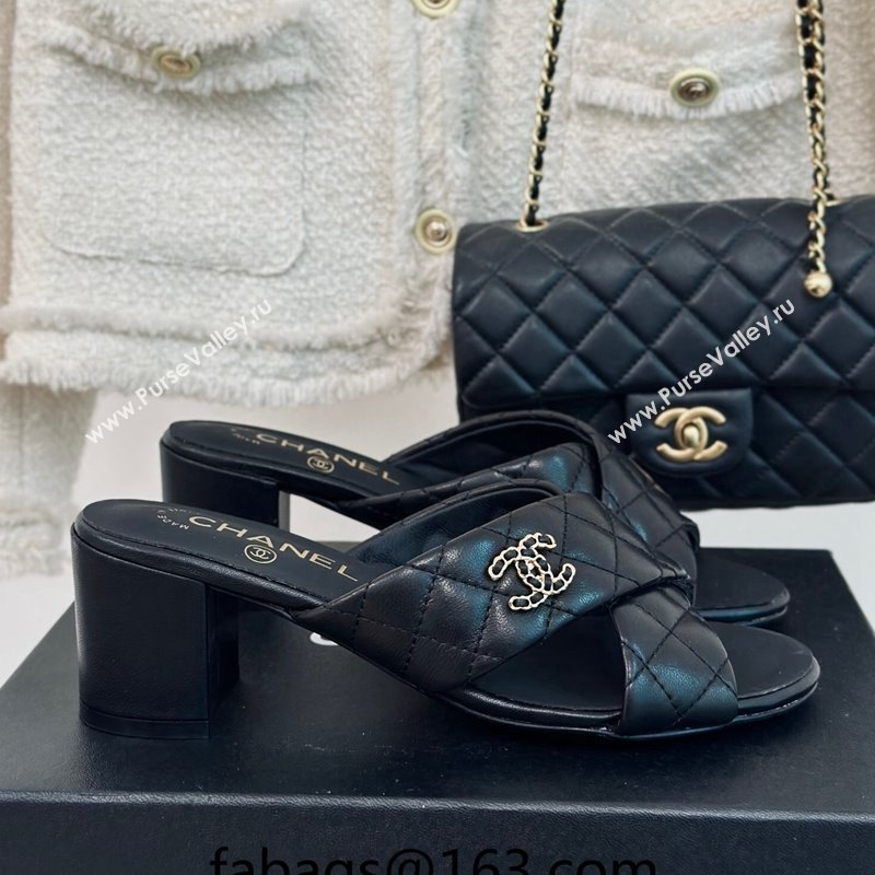 Chanel Quilted Lambskin Heel Slide Sandals 5cm with Cross Strap Black 2024 0424 (MD-240424113)