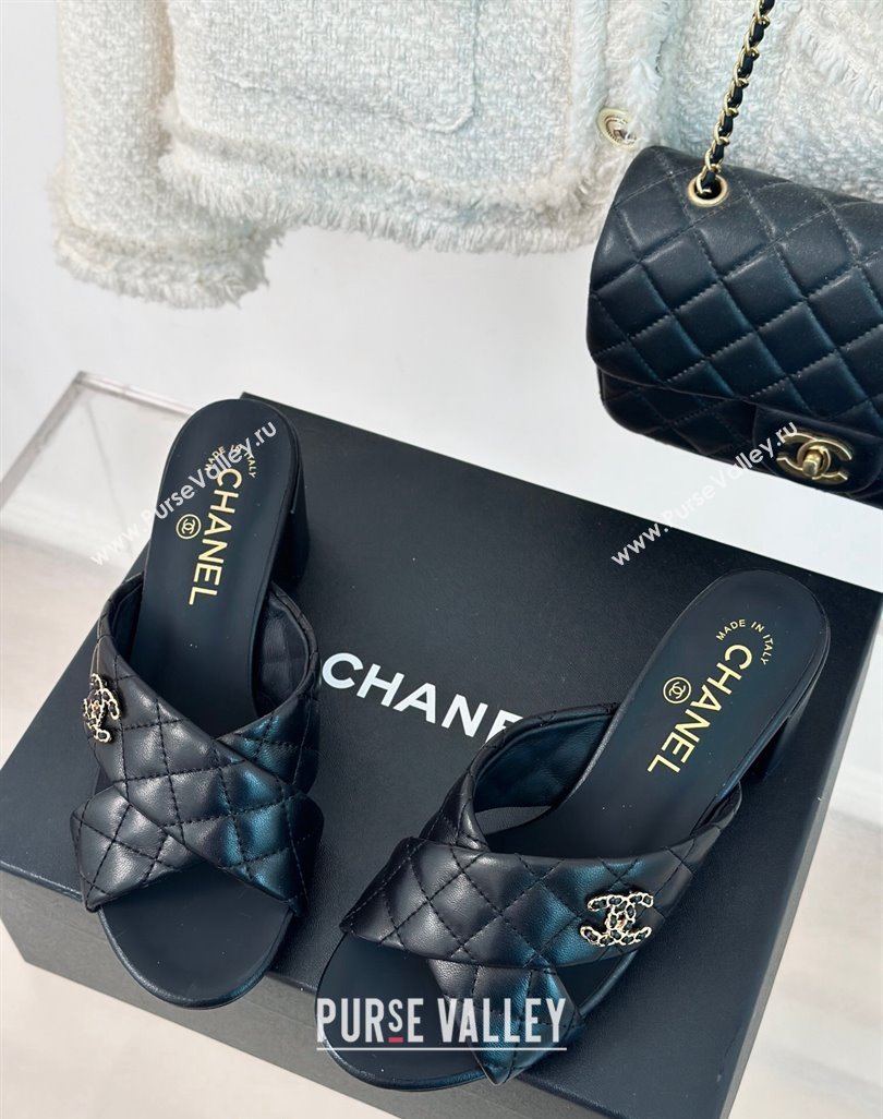 Chanel Quilted Lambskin Heel Slide Sandals 5cm with Cross Strap Black 2024 0424 (MD-240424113)