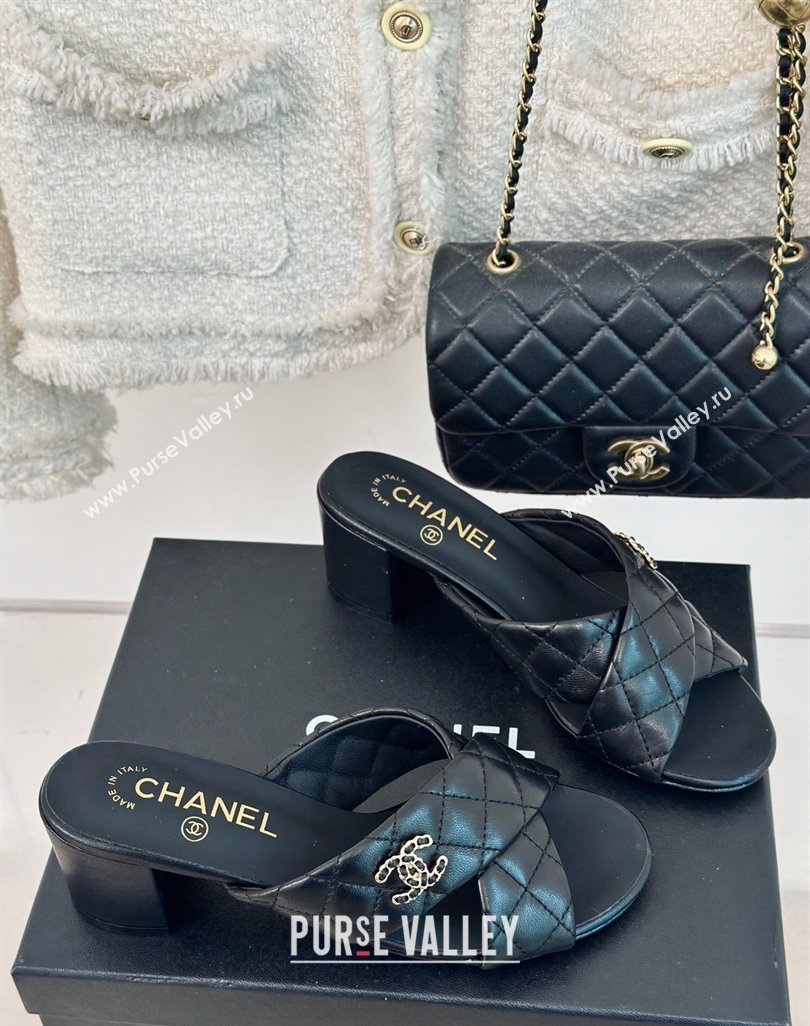 Chanel Quilted Lambskin Heel Slide Sandals 5cm with Cross Strap Black 2024 0424 (MD-240424113)