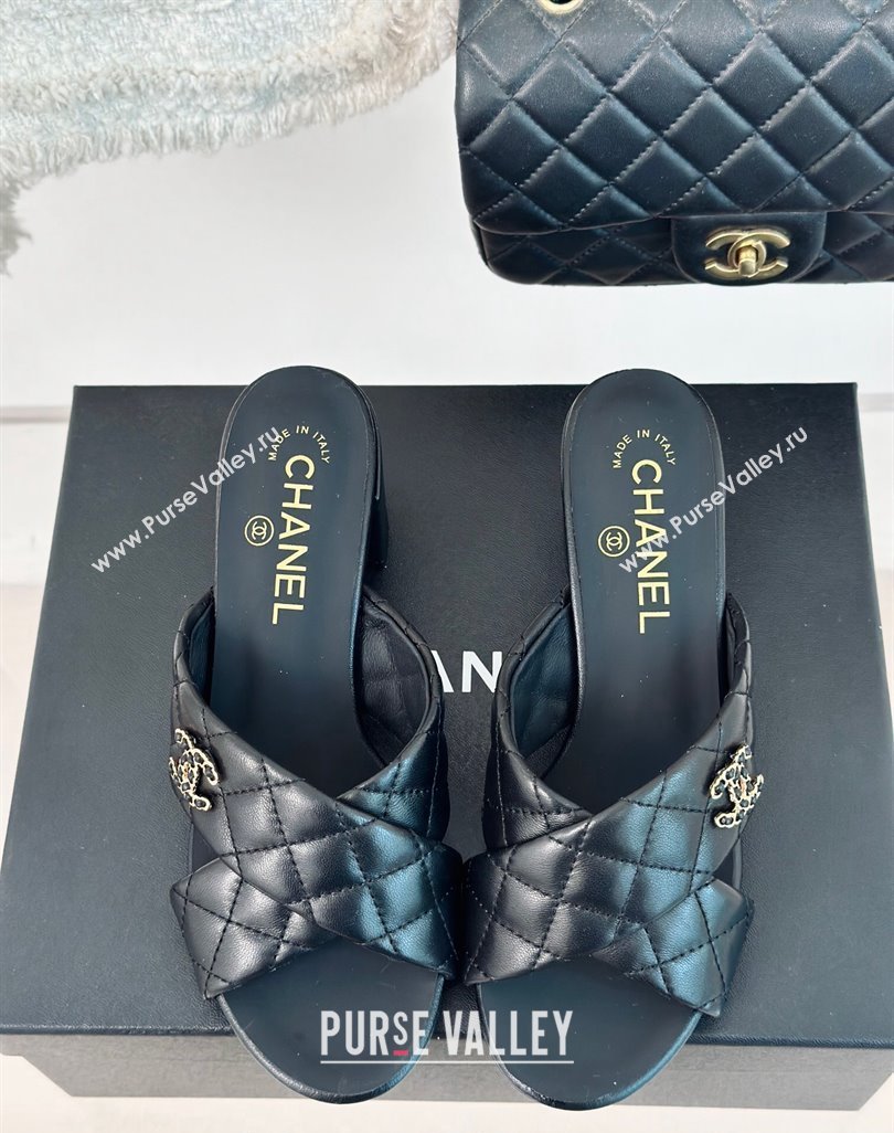 Chanel Quilted Lambskin Heel Slide Sandals 5cm with Cross Strap Black 2024 0424 (MD-240424113)