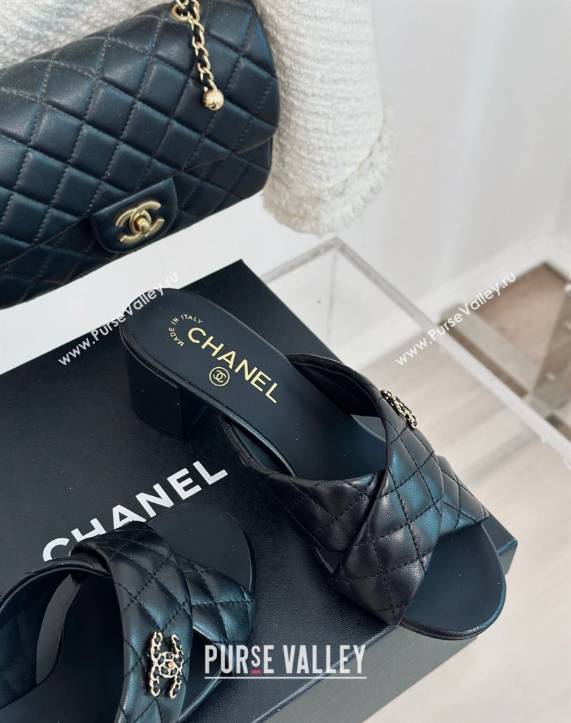 Chanel Quilted Lambskin Heel Slide Sandals 5cm with Cross Strap Black 2024 0424 (MD-240424113)