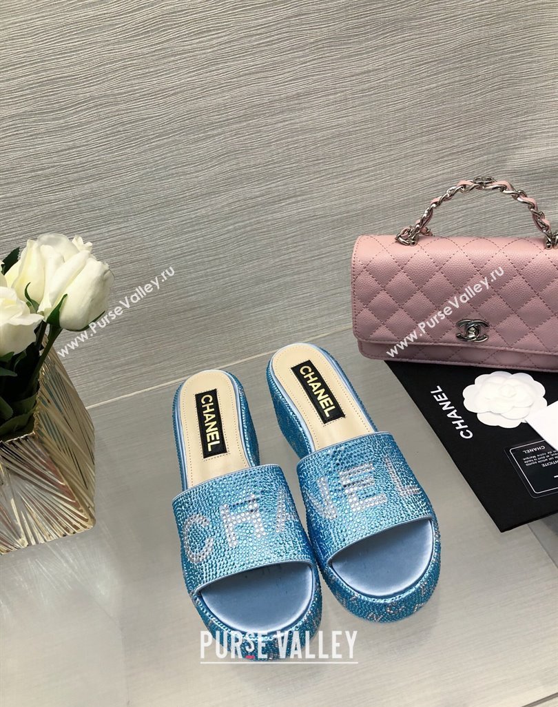 Chanel Crystals Allover Wedge Slide Sandals with Letters Blue 2024 042302 (MD-240423020)