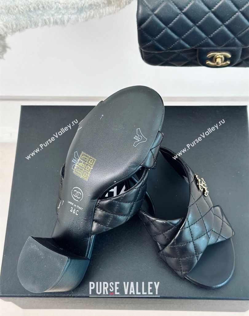Chanel Quilted Lambskin Heel Slide Sandals 5cm with Cross Strap Black 2024 0424 (MD-240424113)