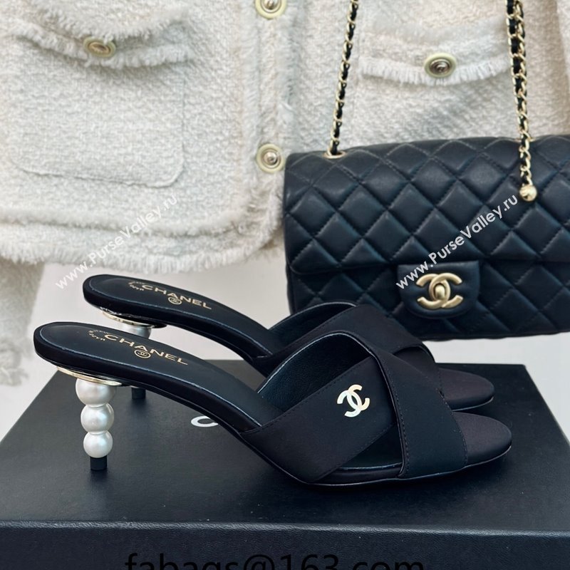 Chanel Satin Heel Slide Sandals 6cm with Pearls Heel Black 2024 0424 (MD-240424114)