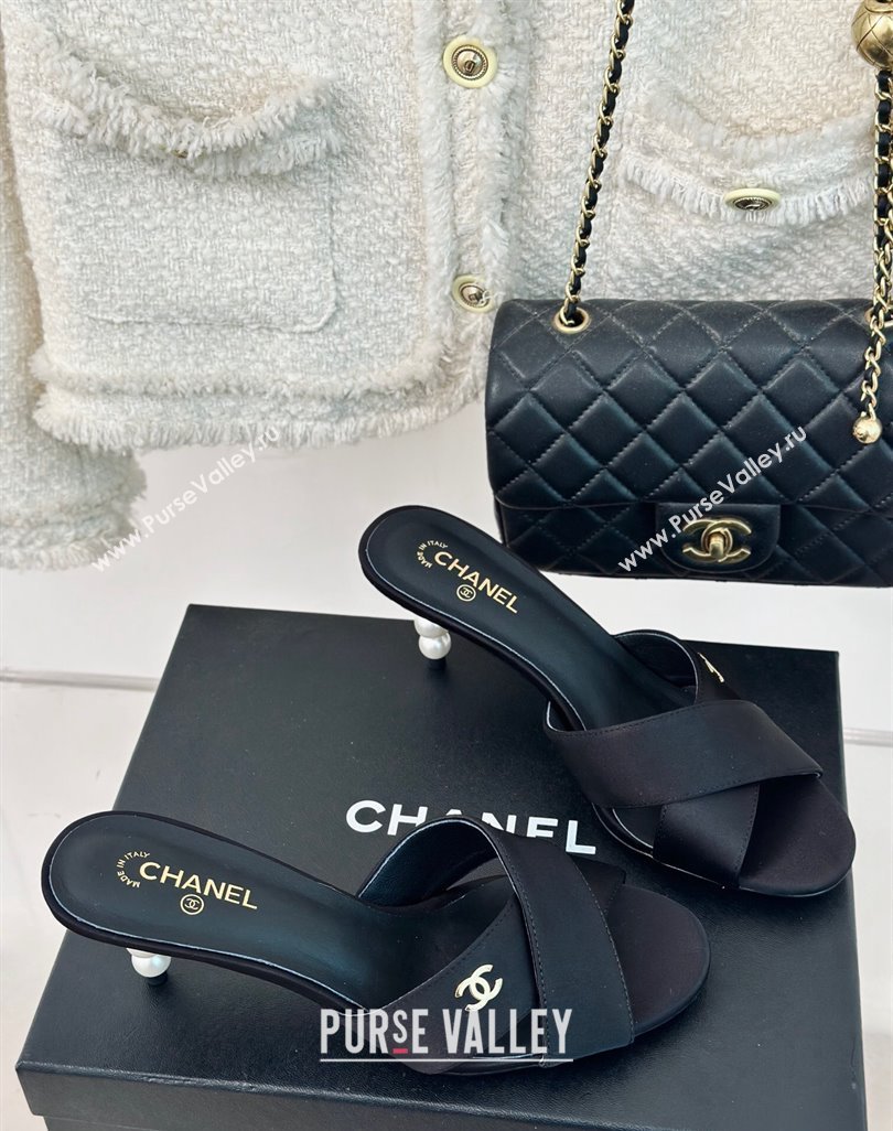 Chanel Satin Heel Slide Sandals 6cm with Pearls Heel Black 2024 0424 (MD-240424114)