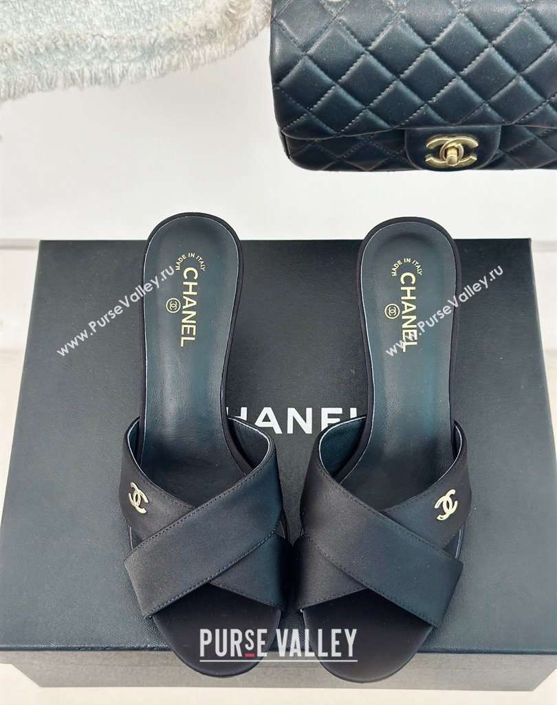 Chanel Satin Heel Slide Sandals 6cm with Pearls Heel Black 2024 0424 (MD-240424114)