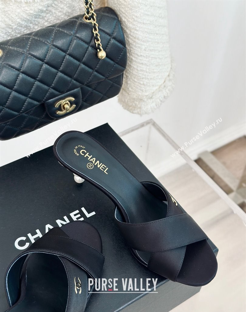 Chanel Satin Heel Slide Sandals 6cm with Pearls Heel Black 2024 0424 (MD-240424114)