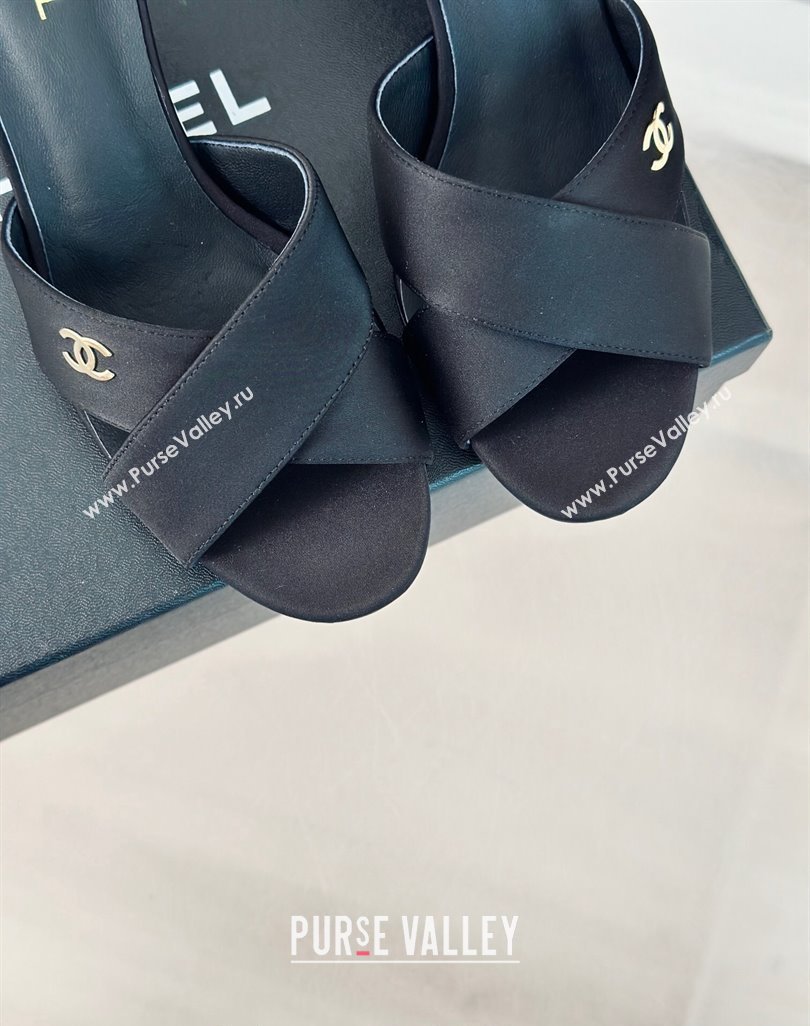 Chanel Satin Heel Slide Sandals 6cm with Pearls Heel Black 2024 0424 (MD-240424114)