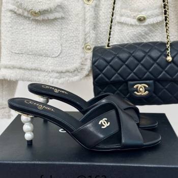 Chanel Lambskin Heel Slide Sandals 6cm with Pearls Heel Black 2024 0424 (MD-240424116)