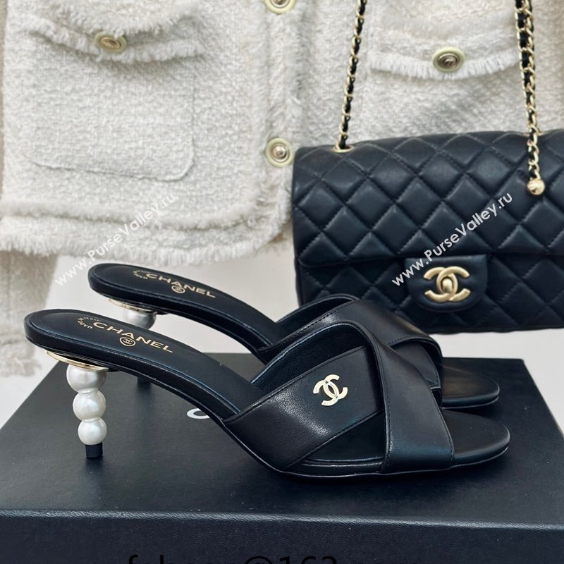 Chanel Lambskin Heel Slide Sandals 6cm with Pearls Heel Black 2024 0424 (MD-240424116)