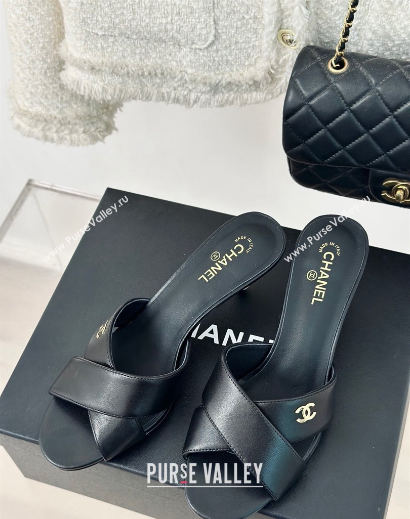 Chanel Lambskin Heel Slide Sandals 6cm with Pearls Heel Black 2024 0424 (MD-240424116)